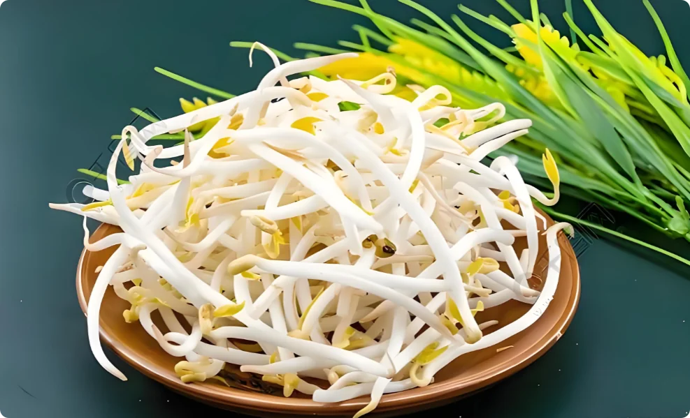 一盘新鲜绿豆芽，芽身洁白脆嫩，旁配翠绿葱苗