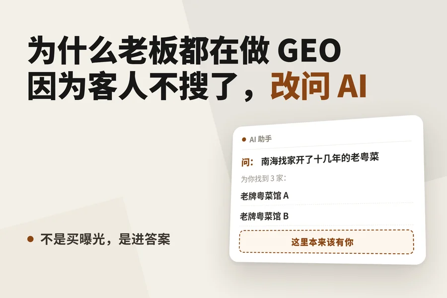 为什么老板都在做 GEO：因为客人不搜了，改问 AI。右下角是 AI 给出的三家店里，那个空着的位置