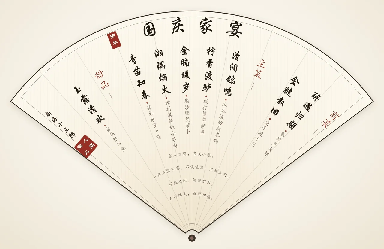 国庆家宴书法菜单：宣纸扇面，行楷大字「国庆家宴」，八道菜按前菜、主菜、甜品径向竖排，右下落款南海十三郎与朱印