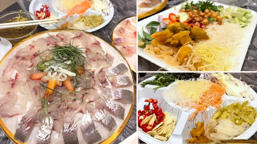 顺德鱼生:薄切草鲩鱼片铺满金边冰盘,配七彩丝、酸荞头、花生与姜葱蘸料