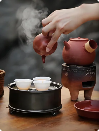 潮汕工夫茶:朱泥壶高冲淋杯,热气升腾,三只白瓷小杯列阵,红泥风炉煮水